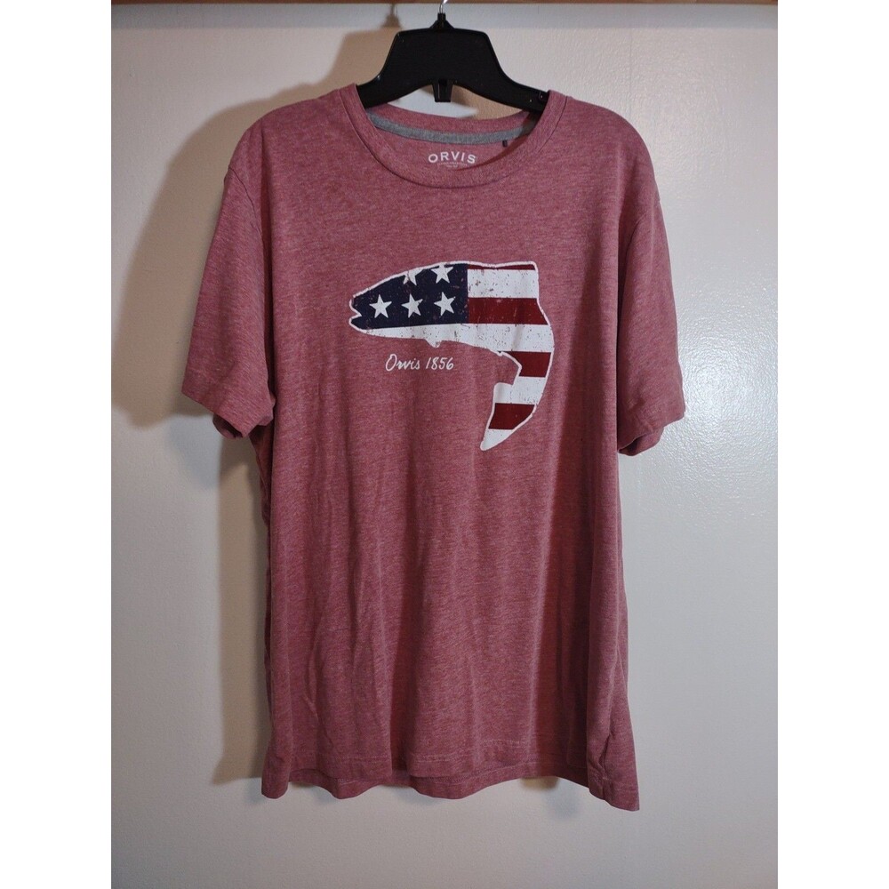 Orvis Men's L Red American Flag Fish Graphic Shirt Short Sleeve Super Soft